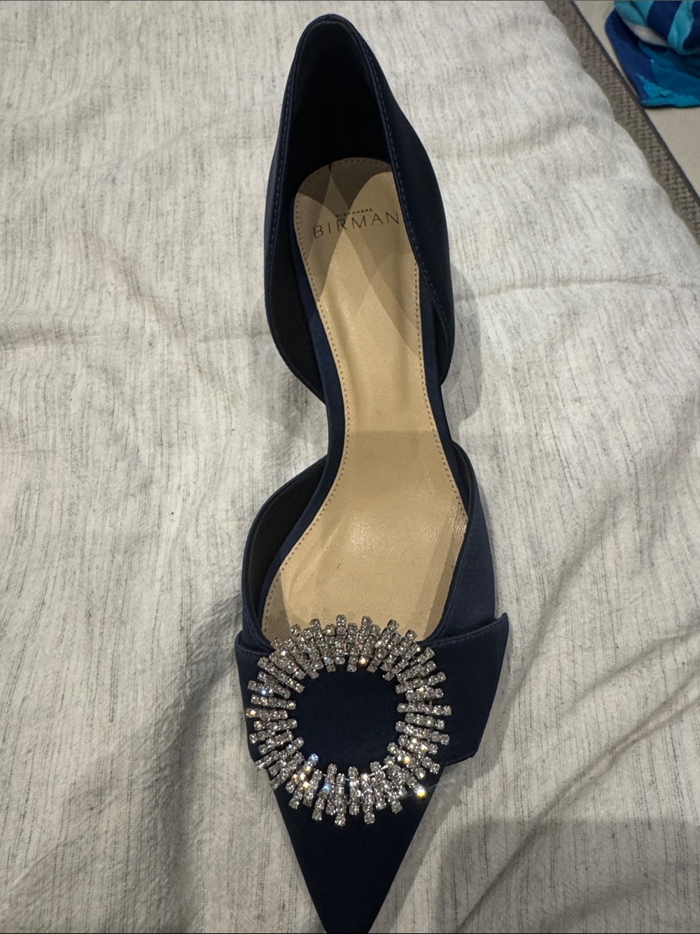 Alexandre Birman Navy Satin Pointed D'Orsay Heel with Crystal Brooch